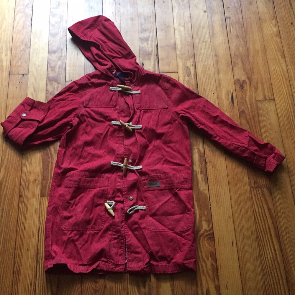 Red with wooden buttons